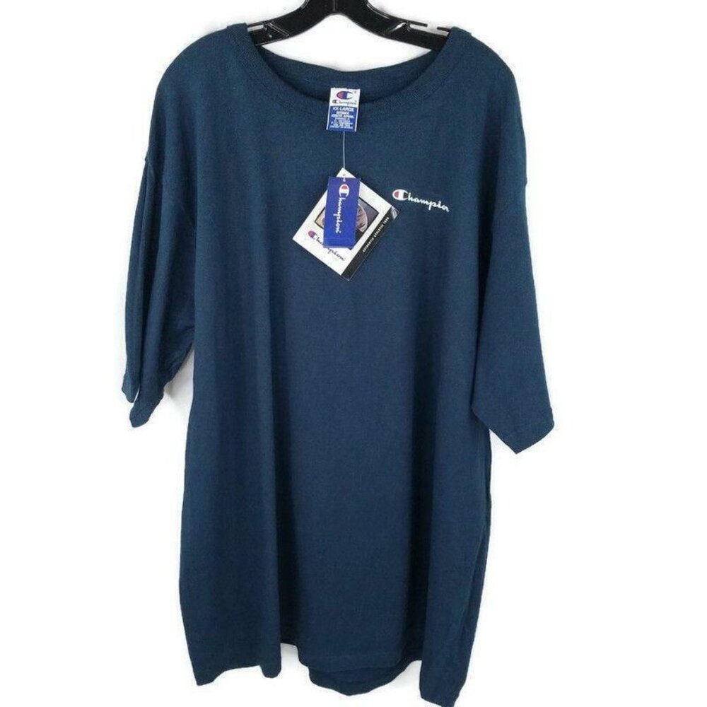 1995 Champion T Shirt Mens XXL New Old Stock Blue Spellout Sleeve Patch Crewneck